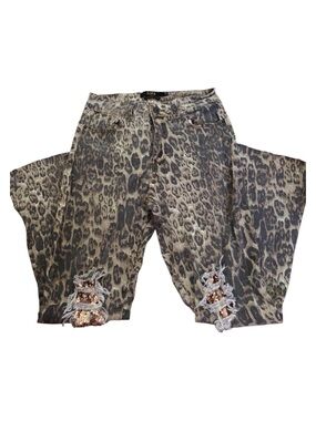 Lucky & Blessed Leopard Print High Rise Flare Jeans Sequin Distressed Petite 4